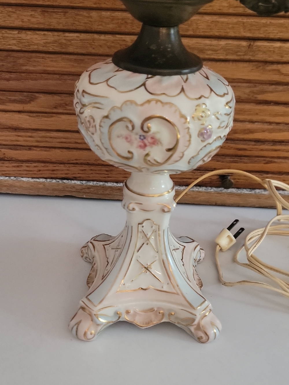 Vintage Style Cream Porcelain Table Lamp with Glass Chimney Electrified - Picture 2 of 11